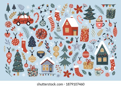 Christmas vector collection of decorative winter elements with cute houses, trees, christmas ornaments and baubles, branches, socks, gifts and hot drinks. Perfect for season decorations.