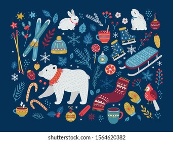 Christmas vector collection of design elements with polar bear, cones, berries, baubles, hot winter drinks, sweets, bunnies, ice skates, skis, leaves and snowflakes. Perfect for season decorations.