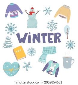 Christmas vector collection of elements with hot winter drink, snowflakes, snowman, tree, book scarf, scarf, book, sweater, gifts, cup, gifts vector on white flat cartoon. for season decorations