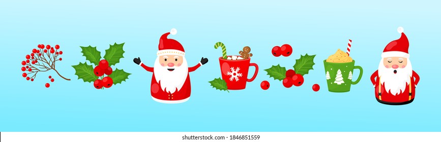 Christmas vector collection. Santa Claus, holly berry, rowan berry, mugs with hot chocolate, New Year set, holiday icon, winter illustration