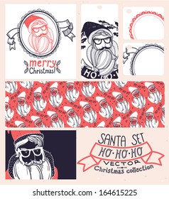 Christmas vector collection of a seamless pattern, gift tags and greeting cards with Santa Claus