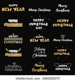 Christmas vector collection that can be used for web projects, flyers, greetings cards, banners, invitations. Gold and white letters on black background. Merry Christmas 2021 premium and luxury style