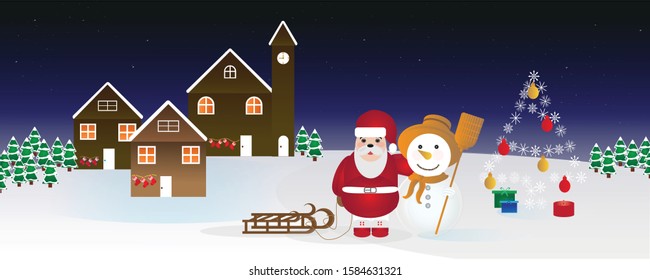 Christmas vector collection of a winter night village with santa claus and snowman 