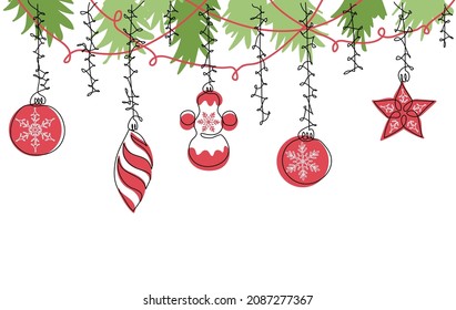 Christmas vector color border  Xmas decorations  christmas tree toys background  Seamless vector border and ornaments  One continuous line art drawing 