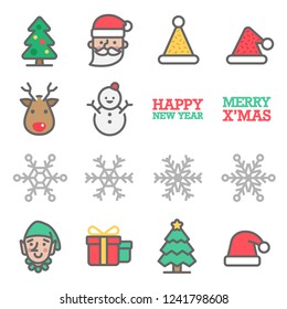 Christmas Vector Color Line Icon Set. Contains such Icons as Santa Claus, Snowflake, Elf, Snowman, Christmas Hat, Gift Box and more. Expanded Stroke