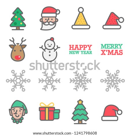 Christmas Vector Color Line Icon Set. Contains such Icons as Santa Claus, Snowflake, Elf, Snowman, Christmas Hat, Gift Box and more. Expanded Stroke