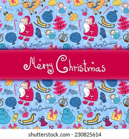 Christmas vector colorful seamless pattern with doodle elements and central space for text