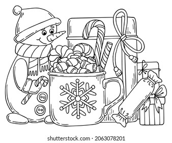 Christmas vector coloring page. Festive gift boxes, a cup with a hot drink and sweets, a cute snowman wearing a Santa Claus hat. Hand drawn line art winter illustration. Happy holiday.