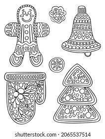 Christmas vector coloring page. Set of festive gingerbread cookies, yummy sweet man, bell, mitten, spruce, round cookies. Hand drawn line art winter illustration. Happy holiday.