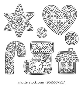 Christmas vector coloring page. Set of festive gingerbread, yummy sweet sock, house, lollipop, heart, star and round cookies. Hand drawn line art winter illustration. Happy holiday.