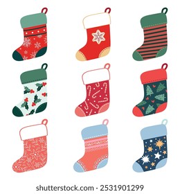 Christmas vector colourful socks decorated with different festive patterns