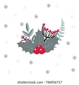Christmas vector composition with berries. Winter decoration on white background. Frosty red berries.