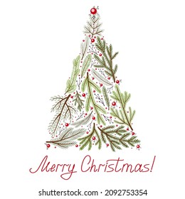 Christmas vector composition of green branches and red berries in the form of a New Year tree and handwritten lettering Merry Christmas, for the production of cards, packages, holiday poster design