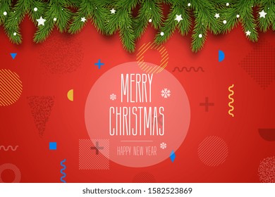 Christmas Vector Composition. Holiday Wishes on Red Background with Fir Branches. Can Be Used For Greeting Card, Poster and Banner.