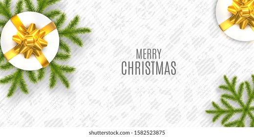 Christmas Vector Composition. Holiday Wishes on White Background with Fir Branches and Gift Boxes. Can Be Used For Greeting Card, Poster and Banner.