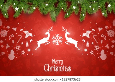 Christmas Vector Composition. Holiday Wishes on Red Background with Fir Branches. For Greeting Card, Poster and Banner.