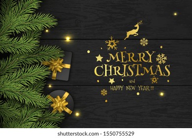 Christmas Vector Composition on Dark Wooden Background. For Greeting Card, Poster and Banner. Gifts, Pine Branches, Berries, Wishes. Vector Illustration.