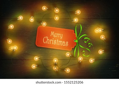 Christmas Vector Composition on Dark Wooden Background with Wishes and Garland. For Greeting Card, Poster and Banner.