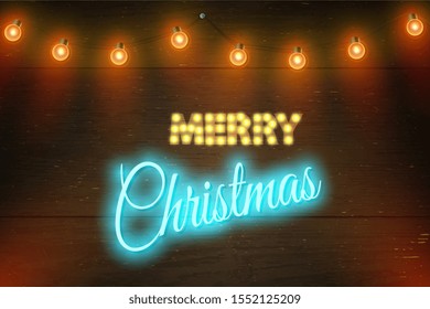 Christmas Vector Composition on Dark Wooden Background with Wishes and Garland. For Greeting Card, Poster and Banner.