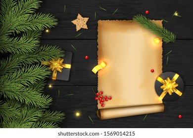 Christmas Vector Composition on Dark Wooden Background. For Greeting Card, Poster and Banner. Gifts, Pine Branches, Berries, Wishes. Vector Illustration.