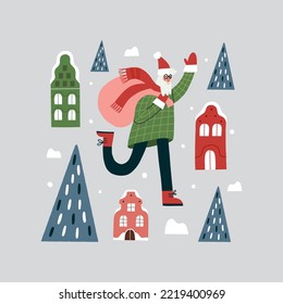 Christmas vector composition with Santa and houses. All objects are isolated. New Year fashion print.