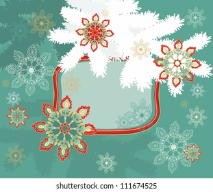 Christmas vector composition with white spruce branches, ornamental snowflakes