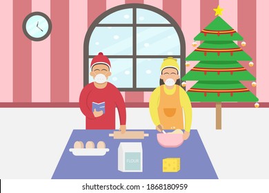 Christmas vector concept: Couple wearing face mask and making cake together in the kitchen with christmas tree background during coronavirus pandemic
