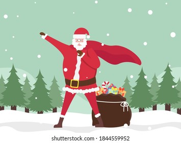 Christmas vector concept: Funny happy santa claus cartoon character dabbing with gift sacks at park in winter time
