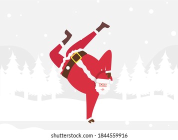 Christmas vector concept: Funny santa claus break dancing with winter background