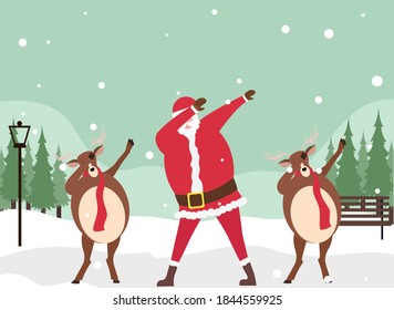 Christmas vector concept: Funny santa claus and his reindeer dabbing at the park in winter time