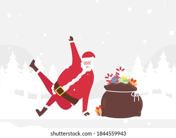 Christmas vector concept: Funny santa claus breakdancing with gift bag at the park in snowy day