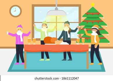 Christmas vector concept: Group of happy friends wearing face mask and taking selfie picture while celebrating christmas day at home during coronavirus pandemic