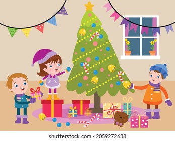 Christmas vector concept. Group of happy kids decorating a Christmas tree together while enjoying leisure time at home