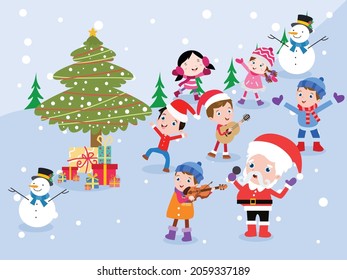 Christmas vector concept. Group of happy kids singing christmas carol with santa claus while dancing together in the snowy park