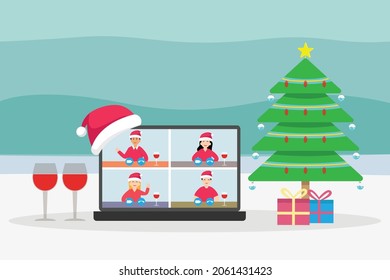 Christmas vector concept: Group of people celebrating christmas together on video conference with christmas decorations 