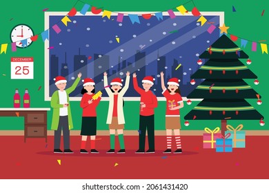 Christmas vector concept: Group of young people celebrating christmas eve together while drinking wine 