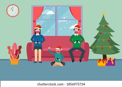 Christmas vector concept: Happy family playing video games while wearing face mask at home during christmas holiday