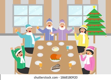 Concepto vectorial de Navidad: Feliz familia de tres generaciones disfrutando de la cena navideña en casa