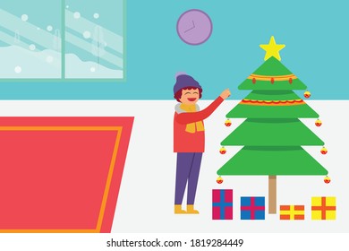 Christmas vector concept: Happy young woman decorating christmas tree at home