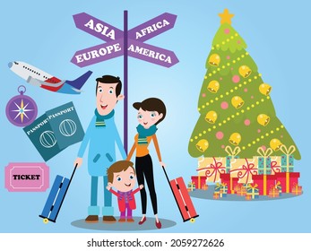 Christmas vector concept. Happy young family are ready to travel while standing with passport and airplane at Christmas time