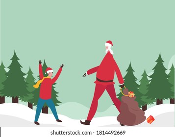 Christmas vector concept: Little boy feeling happy while santa claus coming with many presents 