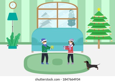 Christmas vector concept: Little boy in face mask giving a christmas gift to his sister at home during quarantine caused by coronavirus outbreak