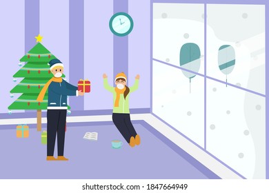 Christmas vector concept: Male teenage in face mask giving christmas gift to his girlfriend near window with winter background at home