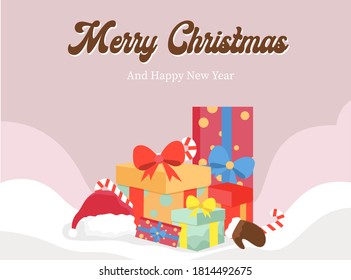 Concepto vectorial de Navidad: Feliz navidad y feliz año nuevo con cintas y regalos