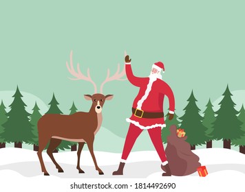 Christmas vector concept: Santa claus and reindeer standing on the snow with many presents 