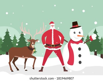 Concepto vectorial de Navidad: Santa claus parado con renos y muñecos de nieve en un parque de nieve