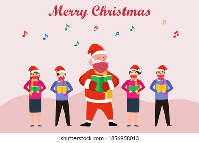 Christmas vector concept: Santa claus and children in face mask singing christmas carol