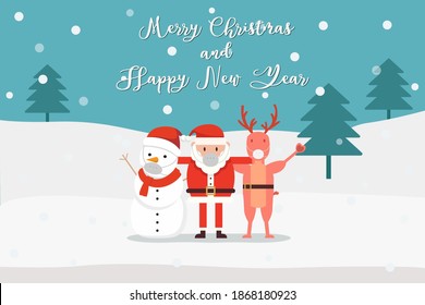 Christmas vector concept: Santa claus wearing face mask while hugging snowman and his reindeer under Merry Christmas text and Happy New Year during coronavirus pandemic
