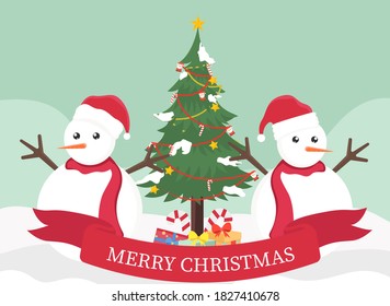 Concepto vectorial de Navidad: Dos muñecos de nieve con palabras de feliz navidad en el árbol de la cinta y la navidad