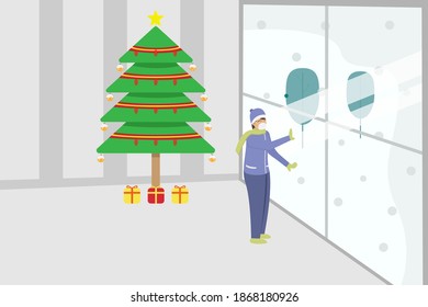 Christmas vector concept: Woman wearing face mask and looking out through the window with christmas tree background at home during coronavirus pandemic